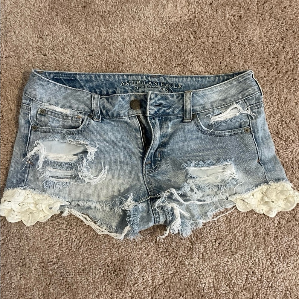 American Eagle Outfitters Women's Light Blue Distressed Jean Shorts
